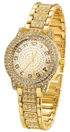 HALUKAKAH Diamonds Gold Watch Iced Out for Boy Teens Kids - 18K Real Gold Plated, Arabic Numerals Round Dial, Japanese Quartz - 19.5cm Length - for Birthday, Parties