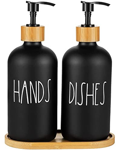 Hniuyun Black Soap Dispenser Set for Kitchen | Glass Bottles, Bamboo Pump & Tray Included, Refillable, Black Finish, For Bathroom, Kitchen, Laundry Room, Countertop Decor