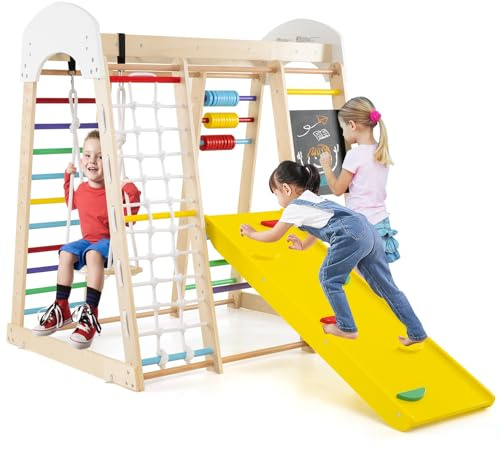 GOPLUS 8 en 1 Aire de Jeu Portique Escalade Enfant en Bois avec Toboggan,Chevalet, Mur&Filet&Barre& Échelle Escalade Échelle Balançoire, Jeu de Calcul pour Enfants 3 Ans + 124x119x138cm (Coloré)