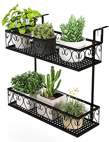 RELAX4LIFE Supporto per Piante in Metallo a 2 Livelli con 2 Cestini, Scaffale per Piante Sospese con Ganci Regolabili, Supporto per Fioriere da Giardino/Balcone/Terrazzo, 60 X 33 X 59 CM, Nero
