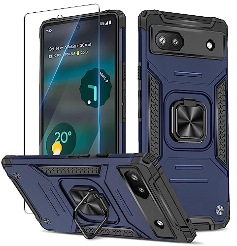 Btstring Hülle kompatibel mit Google Pixel 6A mit Schutzfolie, Militär Standard Stoßfest Handyhülle Case Hybrid Metall Ring Halter Schutzhülle Handy Hüllen Cover -Blau