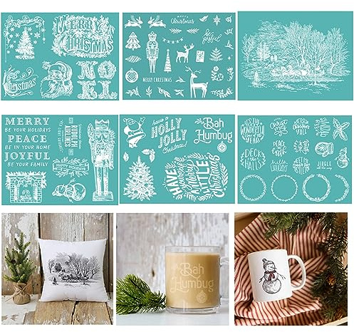 Set di 6 stencil per serigrafia a tema natalizio, riutilizzabili, autoadesivi, per decorazione/stampa su legno/tessuto/parete/tazza/piatto/vetro/carta, decorazioni natalizie per la casa (21,6 x 28 cm)