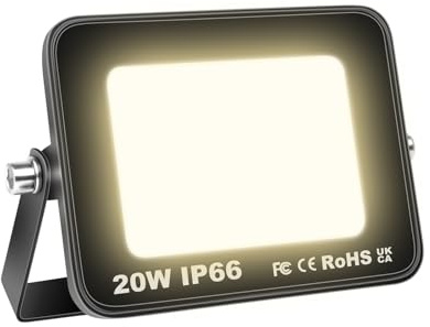 RIGIDON 20W utomhus LED-spotlight, 2 000LM LED-spotlight, 4 000 K varmvit säkerhetsbelysning, IP66 vattentät utomhusväggbelysning för trädgård, garage, gård, entré, terrass