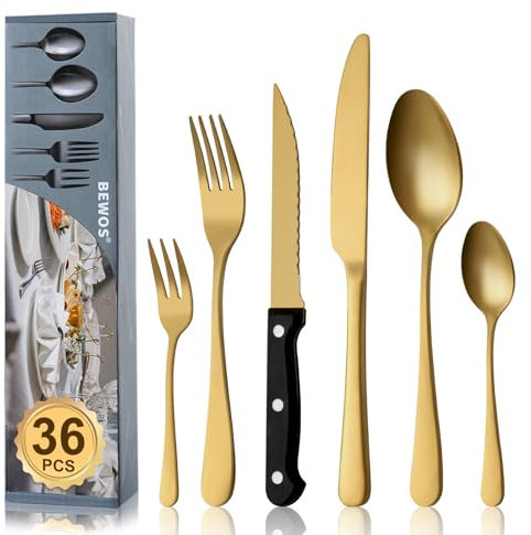 BEWOS 36-teiliges Mattgold Besteck set mit Steakmesser Service für 6, Premium-Edelstahl-Bestecksets für Haus & Küche, Hochwertiges Messer-Löffel-Gabel-Besteck-Set Hochglanzpoliert, Spülmaschinenfest