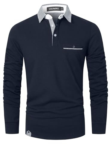 LIUPMWE Polo de Moda para Hombre Manga Larga con Bolsillo Camisetas Cuello a Cuadros Deportiva T-Shirt,Azul-B,XXL