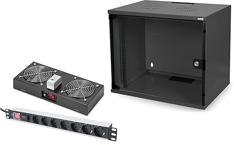 DIGITUS Set: Armario de red 19 7U + ventilador de techo + regleta de enchufes // Rack 19 - Sin montar - Montaje mural - Profundidad 400 mm - Capacidad de carga 60 kg - Profundidad 170-270 mm - Negro