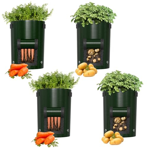 Priksia Potato Grow Bags 4 Pack Grow Bags for Vegetables Plant Grow Bags Garden Plant Bags with Strap Handles and Access Flap for potatoes tomatoes cucumbers and Other Vegetables（Green）