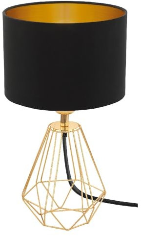Polished Brass Metal Wire Cage Base Vintage Table Desk Lamp with Black Fabric Drum Shade | 30.5cm Height | 1 x SES E14 Lamp Bulb Required | UK Approved | Inline On Off Switch | Modern Influence