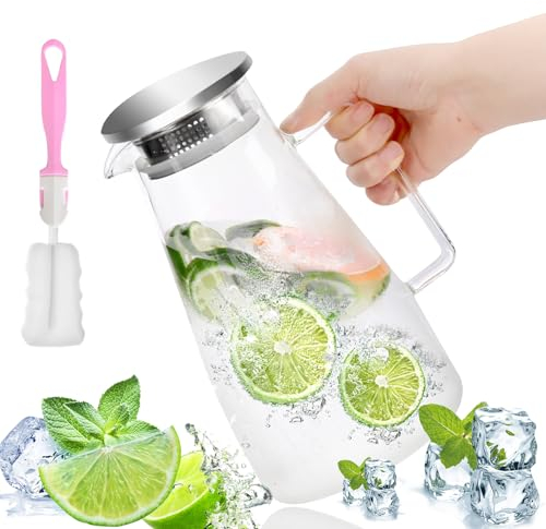 VFANDV 1.8 Liter Glas Krug Karaffe, Glas Karaffe mit Versiegeltem Deckel, Glaskaraffe für Heißes/Kaltes Wasser, Eistee, Milch, Kaffee, Wasser Eistee Wein