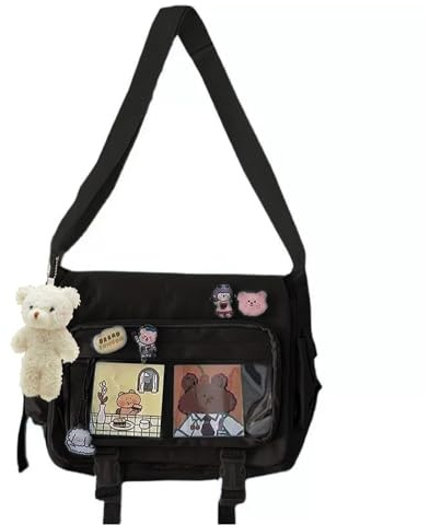 Ita Bag Crossbody - Kawaii Japanese Cute Anime Display Shoulder Bag with Pins & Bear Y2K Messenger Purse for Women (Black)