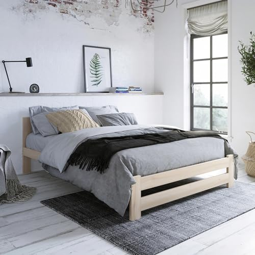Home Collective Holzbett 160x200 cm mit Lattenrost Modern Bett Kiefer Massiv Bettgestell Doppelbett Massivholzbett Klassisch Komfortabel & Langlebig Skandinavisch Boho Landhaus Kopfteil mittel Natur