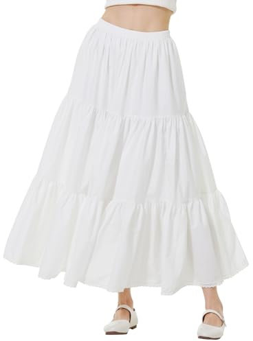 BEAUTELICATE Damen Rock Lange Stufenrock Baumwolle A-Linie Maxirock mit Taschen Retro Plisseerock mit Spitze Sommerrock Elastische Taille (Elfenbein,90cm,S)