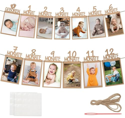 WeddHuis Fotobanderoll 1:a födelsedagen för 1–12 månader baby girlang foto hängande väggdekoration för flickor pojkar festdekorationer kraftpapper första nattvarden (brun)