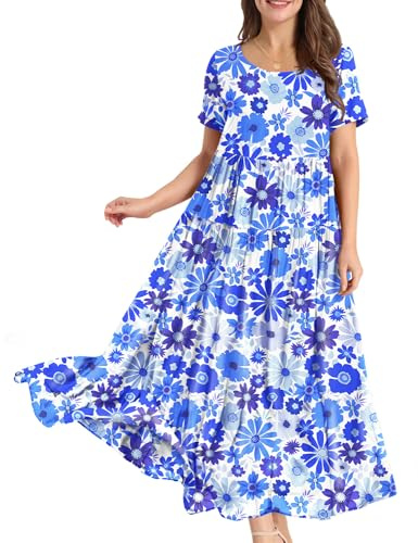 YESNO Women Short Sleeve Boho Summer Maxi Dress with Pockets S EJFUK CR417