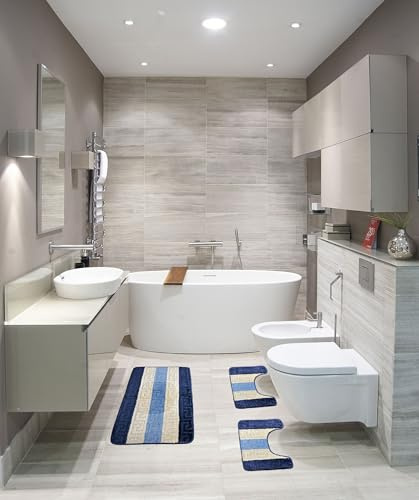 HOME ZEN HOUSEHOLD LINEN Juego de alfombras de baño de 3 piezas Atenas, diseño griego en relieve, con goma antideslizante, alfombra de 45 x 75 cm, 2 alfombrillas para inodoro de 45 x 38 cm (azul)