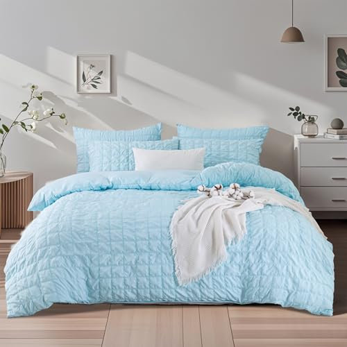 Boqingzhu Seersucker Bettwäsche Set Blau Hellblau 135x200cm Atmungsaktiv Kühlend für Sommer Bettbezug & Kissenbezug mit Reißverschluss