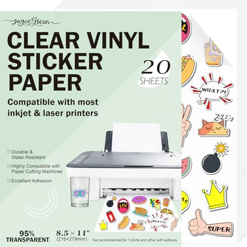 JAGERGREEN 20 Feuilles Papier Autocollant Imprimante Étanche A4 95% Transparent (216x279mm) - Vinyle Adhésif pour Jet d'Encre et Laser - Autocollants Personnalisables pour Étiquettes, Stickers