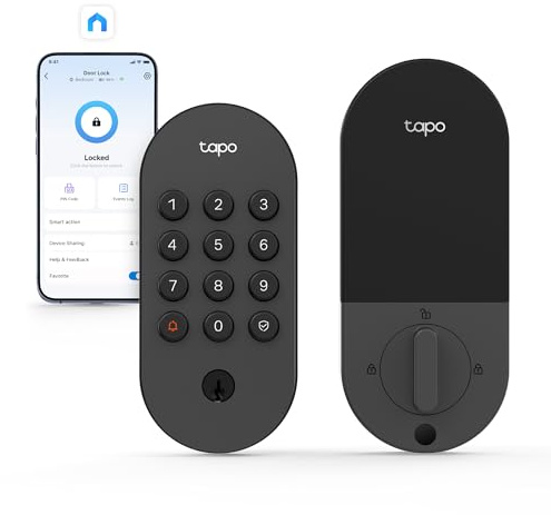 Tapo Cerradura inteligente Wi-Fi para puerta, botones táctiles sin llave, acceso personalizado con monitoreo en la aplicación, bloqueo automático, IP54 resistente a la intemperie, BHMA grado 3