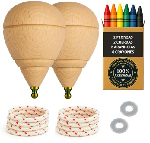 Trottola in legno per bambini, confezione da 2 pezzi + 6 cere colorate + 2 rondelle | fatto a mano in Spagna con punta rotonda.