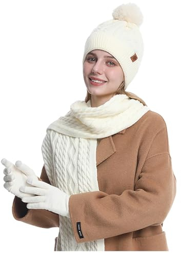Generisch Set di cappello, sciarpa e guanti, foderati in pile, cappello invernale con sciarpa a maglia lunga, guanti touch screen per tempo freddo sciarpa loop donna inverno sci, bianco, Taglia unica