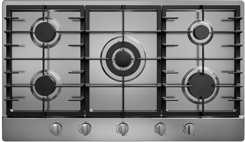 Placa de cocina de gas de 36 pulgadas con 5 quemadores sellados, estufa integrada de acero inoxidable, convertible NG/LPG, rejillas de hierro fundido aptas para lavavajillas, 38 K BTU