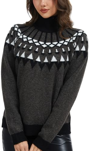 WUDODO Womens Fall Lightweight Vintage Fair Isle Cozy Sweater Long Sleeve Turtleneck Knitted Pullover Comfy Warm Winter Cute Tops Black Grey L