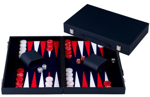 Engelhart-250561 – Backgammon 18 Pollici (46,7 cm) Valigetta Lusso Similpelle Rossa/Bianca – Tavolo Intarsiato – Aperto 56,4 × 46,7 cm – Pedine Rosse/Bianche – Dadi e Bicchieri – Gioco Classico