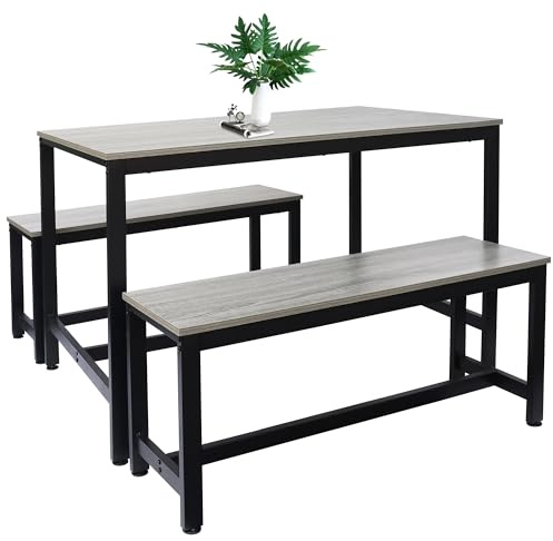 Alivio 3-Piece Dining Table Set with 2 Benches, Heavy Duty 400kg Capacity Modern Space-Saving Design, Thick Anti-Scratch Waterproof MDF Tabletop for Kitchen, Dining, Office Desk, Small Spaces (Grey)