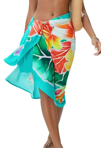 OIZEN Women Swimsuit Sarong Beach Cover Up High Slit Printed Wrap Skirt for Bikini Swimwear, Summer Vacation and Party,Lake Blue