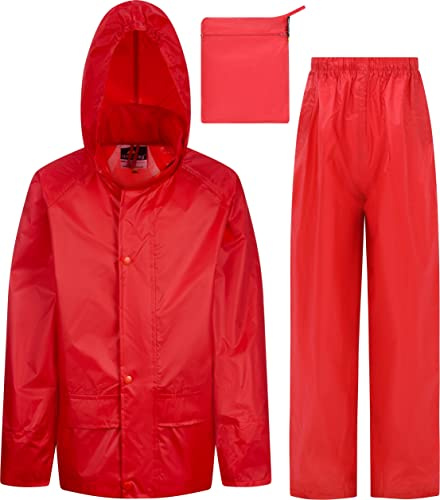 Wetplay Kids Waterproof Jacket & Trousers Suit Set in Black, Navy Blue or Royal Blue Childs Childrens Boys Girls (9-10 Years, Red)