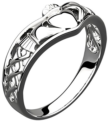 GWG Jewellery Anillo de Claddagh Plata de Ley Dos Manos Que Rodean Corazón con Corona y Nudo Celta de Diseño Semi-Cubierto - 10 en Caja de Regalo para Mujeres