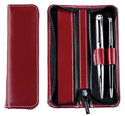 DELMON VARONE - Schreibgeräte Etui Cambridge Top Grain Leder Rot - Echtleder Stifteetui mit Reißverschluss für 2 Schreibgerät - Federmäppchen Federetui für hochwertige Kugelschreiber & Füller