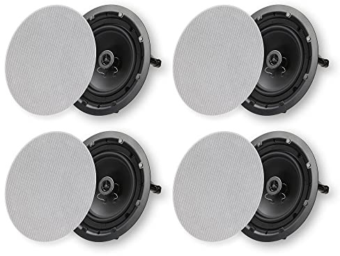 Micca 8 2-Way in Ceiling or Wall Round Speakers, 4 Pack, 8 Inch Woofer, 9.75 Cutout Diameter, Low Profile Rimless Design, for Indoor Rooms or Covered Outdoor Porches, White, Paintable
