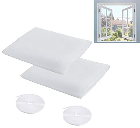 Lot de 2 moustiquaires pour fenêtre avec 2 rouleaux de rubans adhésifs, moustiquaire pour fenêtre, 1,5 x 2 m, blanc