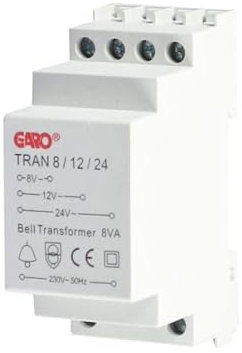 GARO Door Bell Transformer 8V 12V 24V - for Wired Doorbell Chimes - DIN Rail Mountable 8VA 230V Mains Converter 8/12/24 Volts Output - White