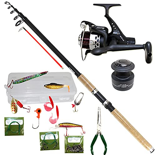 Raubfisch Angelset Kompakt | Komplette Combo in Tasche mit Teleskoprute + bespulte Stationärrolle + Ersatzspule + Hakenlöserzange + Angelzubehörbox für Forellen, Barsche, Hechte, Zander uwm