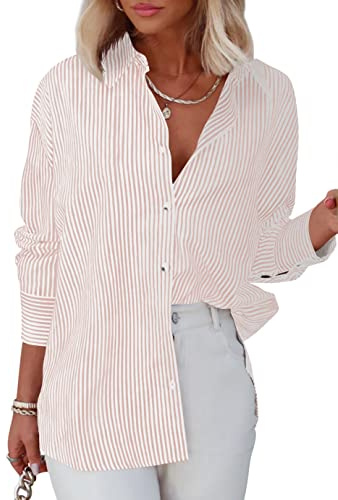 Homlan blus damer långärmad ränder business casual topp V-ringad arbete skjorta lös knapplist skjorta blus, Ljusrosa, S