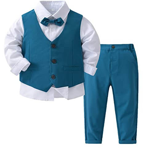 YOOJIA Bébé Enfant Garçon Ensemble Vêtement Mariage Costume Carnval Baptême Chemise à Manche Longue T-Shirt Soirée Anniversaire & Longue Pantalon & Gilet & Noeud Papillon Bleu 5 5-6 Ans