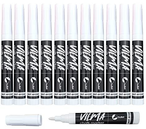 VILMA Lot de 12 marqueurs à craie liquide blanche effaçables à l'eau pour tableau noir, fenêtres, tableaux noirs, verre