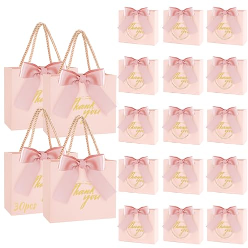 30 Pièces Thank You Sac Cadeau avec Poignées, SHAIDOJIO Rose Thank You Pochette Cadeau avec Ruban Arc, Petit Sac Cadeau en Papier, Noeud Rose Thank You Sacs Cadeaux pour Anniversaire Mariage Baptême