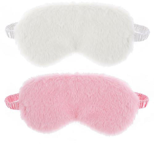 2 Pezzi Maschera Gli Occhi In Peluche Morbida Benda per Dormire Copertura Gli Occhi Comoda Pelliccia Sintetica Pelliccia per Dormire Maschera per Dormire In Raso Pisolino Notte Copertura (Bianco Rosa)