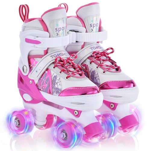 TOMSHOO Roller Skates for Girls Kids Roller Skates 4 Sizes Adjustable With 8 Light Up Wheels Children's Quad Skates for Christmas and Birthday Gifts