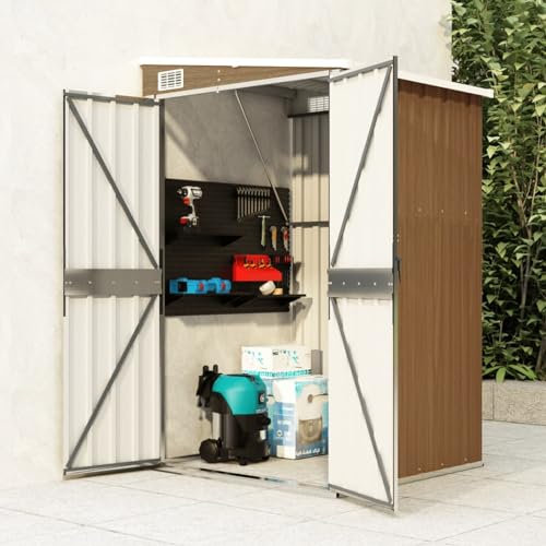 Homgoday Abri de jardin en métal pour rangement d'outils, abri de jardin, extérieur, abri de jardin mural, acier galvanisé, marron, 118 x 100 x 178 cm