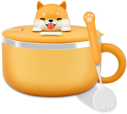 Cuenco para ramen de 1200 ml con asa y tapa, cuenco de acero inoxidable 304 con tenedor, resistente al calor, fideos instantáneos, a prueba de polvo, fideos ramen, tazón portátil para cocina,