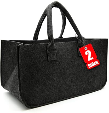 BigDean Lot de 2 grands sacs en feutre anthracite pour bois de cheminée ou comme sac de shopping - Panier à bois de cheminée au design léger et compact - Panier à bois pliable