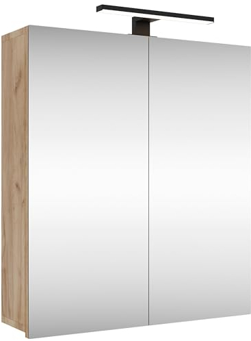 Planetmöbel Merkur Spiegelschrank Bad mit Beleuchtung 60 cm breit | Badschrank hängend mit Spiegel | Matt-Schwarz LED Beleuchtung | Gold Eiche