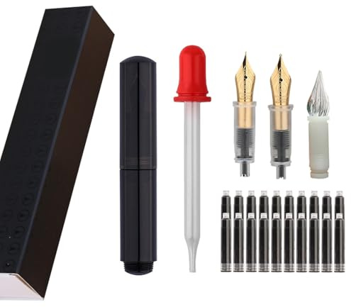 SIPLIV Majohn Wancai Mini Fountain Pen Pocket-Size Travel Pen Iridium Fine Nib Fountain Pen with 3 Pen Nibs, Short Size Eyedropper and 20 Black Ink Cartridges - Black