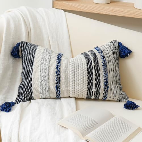 BlissBlush Decorative Lumbar Throw Pillow Cover 14x24 Boho Dark Blue Accent Cushion for Couch Sofa Farmhouse Pillowcase for Bedroom Living Room Home Décor Cover ONLY
