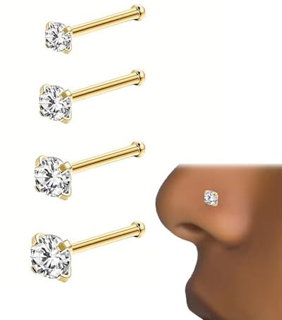 KGDUYC 4 Stück 14K Gold 20G Nasenpiercing Chirurgenstahl Nasenpiercing Stecker Zirkonia L-Förmiger Nasenstecker Gerade Schraube 1,5/2/2,5/3 mm