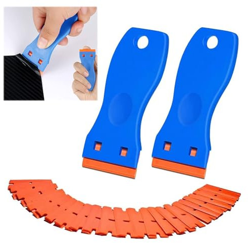 Grattoir en plastique avec 100 lames en plastique, Plaque Vitrocéramique Verre Plaque Grattoir, Décapant d'étiquettes pour enlever les autocollants de vitres autocollants de voiture